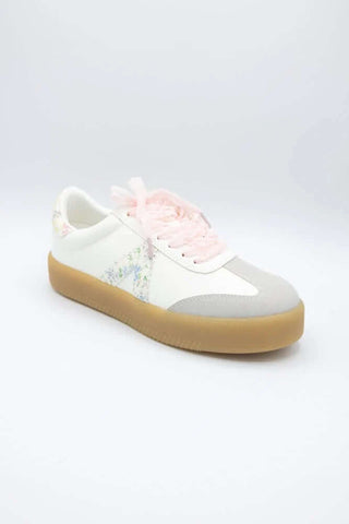 Stylish MIA Axel White Floral Sneakers with Pink Lace Ribbons - Perfect for a trendy and comfortable look.