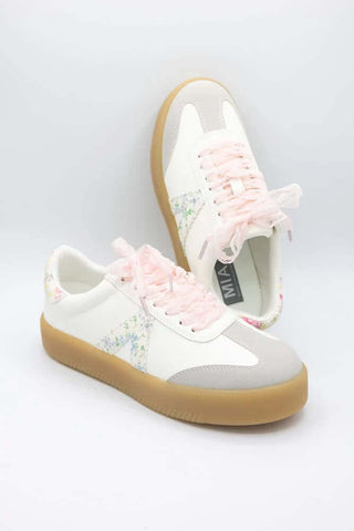 Stylish MIA Sneaker Axel in White with Floral Print and Pink Lace Ribbons for Women. Perfect blend of comfort and elegance.