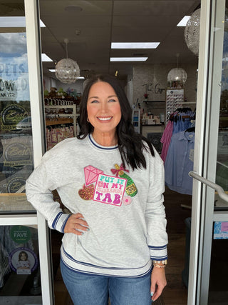 Simply Southern Women's "Put it on My Husband's Tab" Varsity Sweatshirt - Stylish, Cozy, Perfect for Casual Outfits