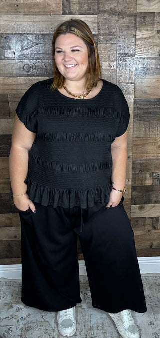 Davi & Dani Ruched BLACK Ruffle Pant & Short Sleeve Top Set