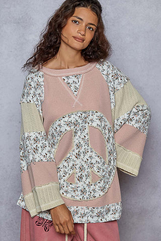 POL Blush Peace Long Slv Patchwork Top