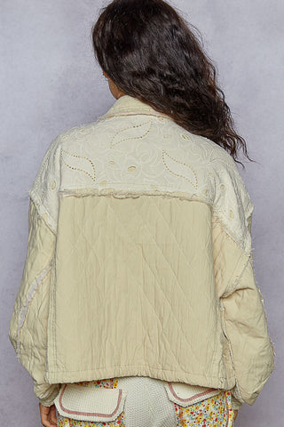 Light blue relaxed fit denim jacket featuring quilting and lace accents