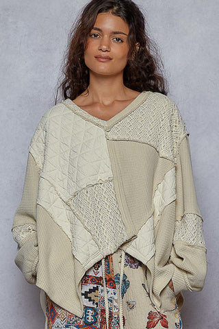 POL Vintage Oatmeal Patchwork Long Slv V Neck Top