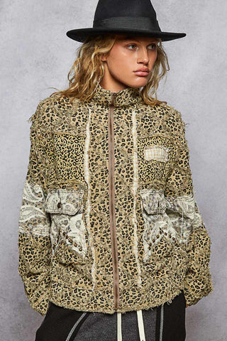 Tan leopard print twill jacket with a stylish cut and tailored fit