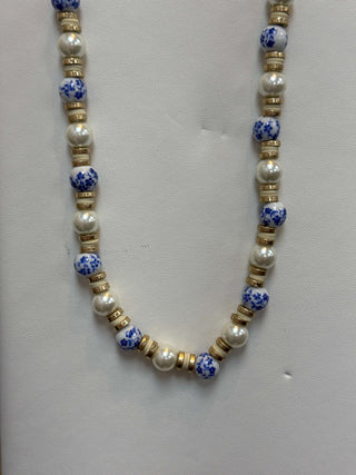 Elegant Gold Blue & White China Bead & Pearl Necklace - Perfect for a Sophisticated Look. Shop Now for Unique Jewelry Pieces.