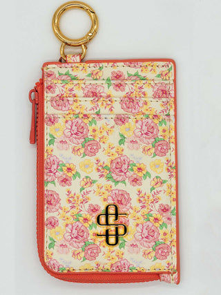 Simply Southern ID & Coin Wallet in Yellow Blossom design, featuring floral pattern and keychain clip for easy attachment.