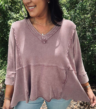 Dusty Mauve Mineral Wash V Neck Top by Easel – Stylish, comfortable, and perfect for casual, everyday wear.