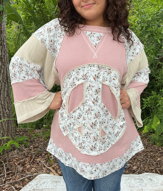 POL Blush Peace Long Slv Patchwork Top
