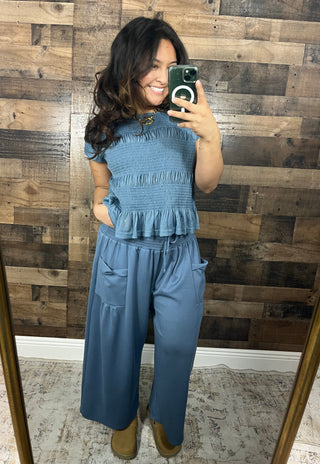 Davi & Dani Ruched BLUE Ruffle Pant & Short Sleeve Top Set