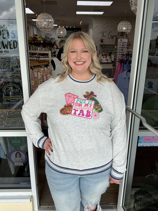 Simply Southern "Put it on my Husband's Tab" varsity sweatshirt in cream and navy with retro pink accents and cozy design.