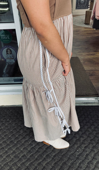 ee:some Coco Midi Dress w/ Ribbed Knit Bodice & Striped Skirt