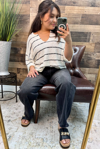 Sew In Love Cream & Black Stripe Short Sleeve Oversized Sweater Top