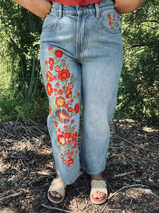 Med Wash Relaxed Fit Straight Leg Denim Jeans with Red Floral Embroidery by Oli & Hali - Front View