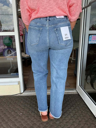 Alt text: "Mica W182M Denim Med Wash Super High Wide Leg Jeans showcasing a stylish high-waist and relaxed wide-leg fit.