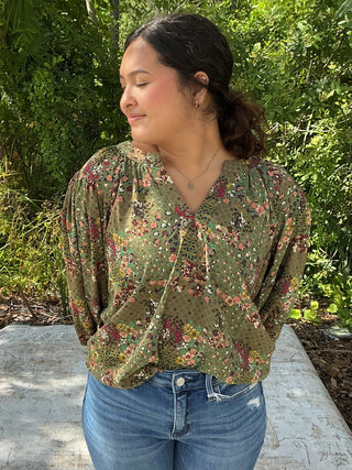 Entro Olive Patchwork Ditsy Floral Top
