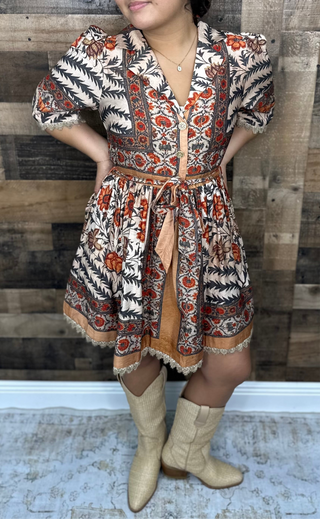 Entro Charcoal & Rust Botanical Print Short Dress