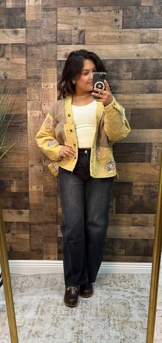 POL Oversized Honey & Taupe Quilted V Neck Jacket Top