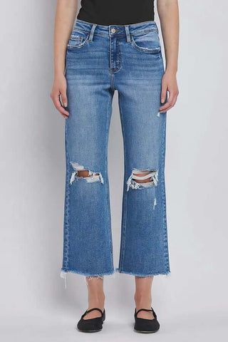 Lovervet LV1385 High Rise Crop Straight Leg Jeans in classic blue denim, showcasing a chic and comfortable fit.