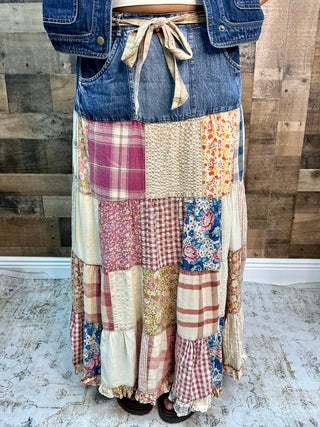 Young Threads Boho Patchwork Tiered Maxi Skirt