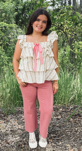 Ivory and pink floral Bibi top with bow, ruffle square neck; stylish and elegant women's spring fashion.