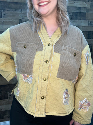 POL Oversized Honey & Taupe Quilted V Neck Jacket Top