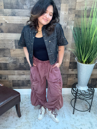 Red Bean Cargo Elastic Waist Jogger Parachute Pants