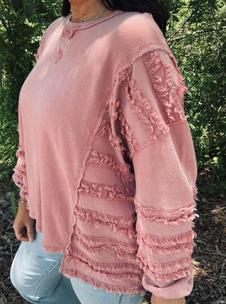 Alt text: "Easel Long Sleeve Washed Terry Fringe Stripe Contrast Top in 3 Colors - Oversized Fit