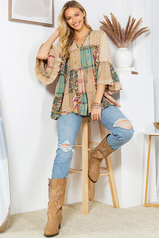 Latte Vintage Boho Tiered Ruffle Top