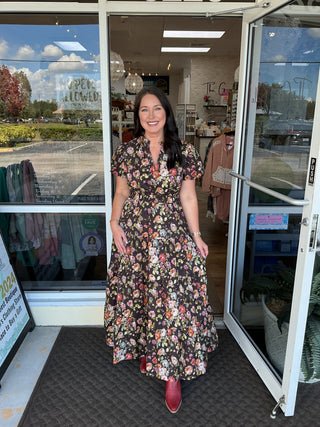 Entro Dk Brown Floral Tiered Midi Dress
