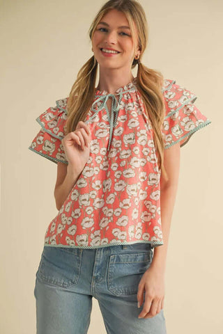 Alt text: "Stylish Coral & Green Layered Flutter Sleeve Top by &merci, perfect for chic and vibrant casual looks.
