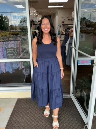Navy Blue Knit Tank Poplin Skirt Midi Dress by Skies Are Blue - Elegant and Stylish Summer Outfit