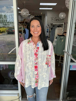 Colorful POL Pink Stripe Shacket Top featuring lace accents and bright floral patterns, perfect for a trendy, layered look.