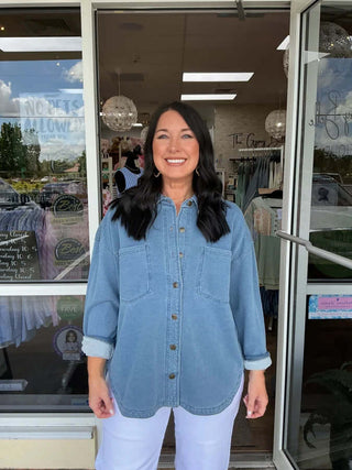 Stylish So Soft Washed Denim Terry Shacket Top Tres Bien, perfect blend of comfort and fashion for any casual look.