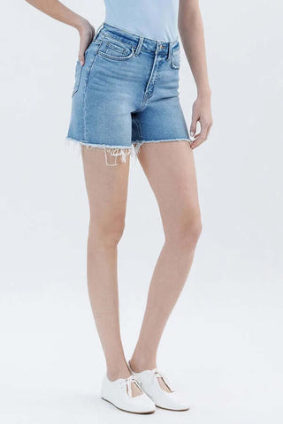 Women's Vervet LV1641 Med Wash Raw Hem Denim Shorts, stylish summer wear with a casual raw hem finish in a light blue wash.