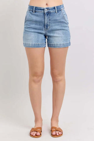 Medium‑wash denim midi‑length classic shorts with clean finished hem and five‑pocket styling—Judy Blue