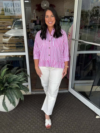 Women's Pink Stripe Ruffle Hem Button Down Top – Stylish, lightweight blouse with playful ruffles and elegant stripes.