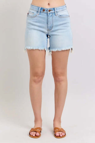 Judy Blue Lt Wash Cut Off Two Button Shorts featuring a light wash and trendy cut-off style.