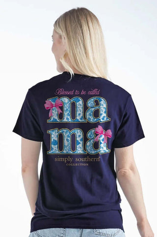 Simply Southern MAMA Blue Willow Bow Tee - Stylish dark blue tee with elegant white bow design and 'MAMA' text in floral pattern.