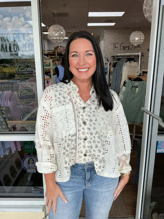 POL Blue Floral Lace & Sparkle Mix Shacket Top – stylish blend of floral lace and sparkles, perfect for a chic, layered look.