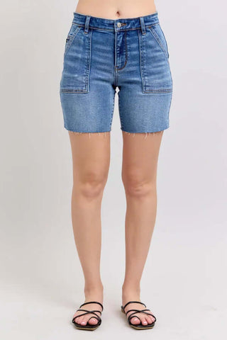 Judy Blue 15288 Cut Off Dark Wash Midi Shorts with frayed hem, featuring a comfortable fit and stylish dark denim finish.