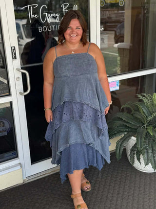 Dolphin Blue Mixed Fabric Tiered Midi Dress by Oli & Hali, perfect for stylish summer outings.