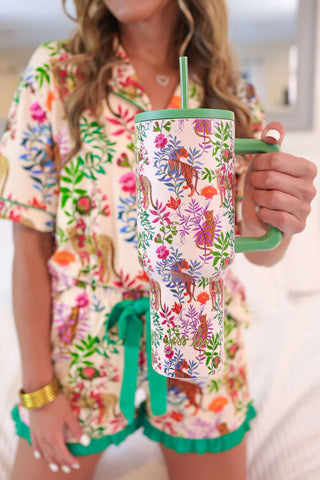 Jess Lea Emerald Jungle Garden Tumbler with vibrant leaf design, perfect for eco-friendly hydration on the go