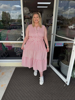 Curvy striped split neck sleeveless midi dress, available in two colors, perfect for stylish and comfortable wear.