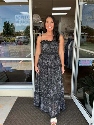 Adora Black Floral Ric Rac Trim Maxi Dress: Elegant, comfortable, and perfect for any occasion.