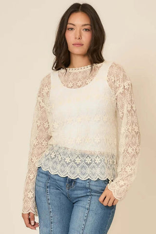 Ivory floral lace scallop hem layering top from Cozy Co, showcasing intricate lace details and elegant style.