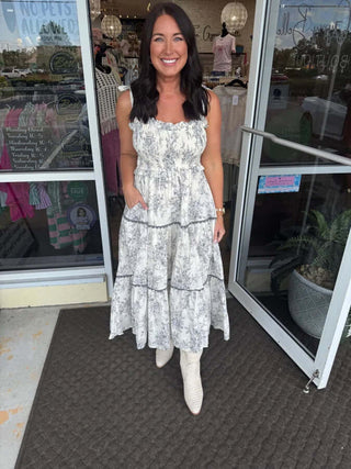 Elegant &Merci Charcoal Toile Tie Shoulder Midi Dress with a flattering fit, perfect for stylish casual or semi-formal occasions.
