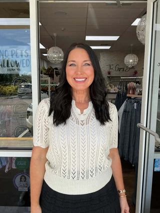 Ivory Open Weave Pointelle Scallop Neck Sweater Cozy Co, perfect for layering with elegant scallop detailing.