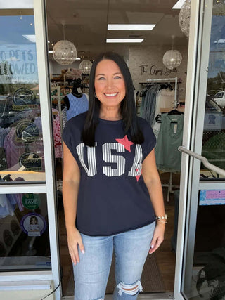 Navy USA Sleeveless French Terry Top by Oddi, FINAL SALE, featuring comfortable, casual style with patriotic print.