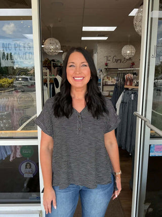 Women's Black & White Stripe V-Neck Dolman Top - Cozy Co. Stylish, comfortable top ideal for casual and chic outfits.
