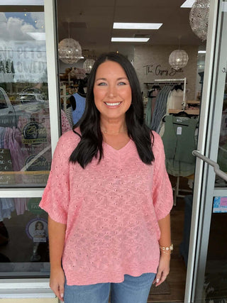 Coral Pink Dots Texture Lightweight Sweater Top by Bibi showcasing a stylish, cozy design for effortless fashion.